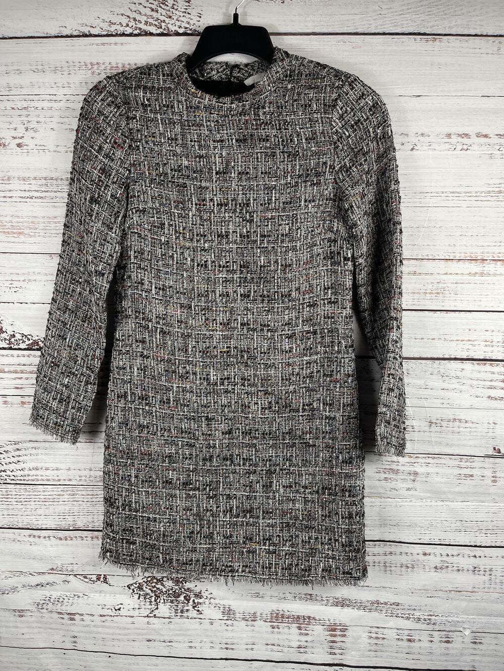 H&M Dress Womens 6 Black White Metallic Tweed Long Sleeve Shift Mini Fringe Chic